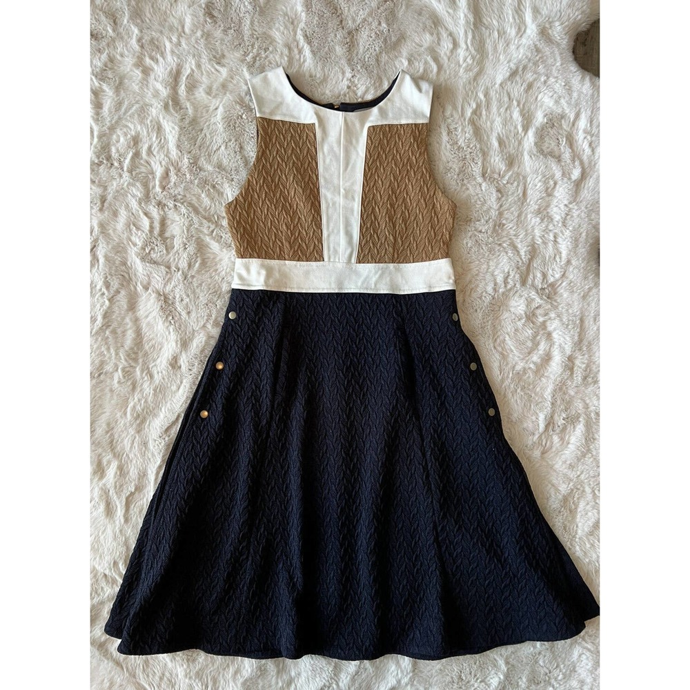 Anthropologie MAEVE Womens 6 Navy Tan Colorblock Retro Sleeveless Sweater Dress